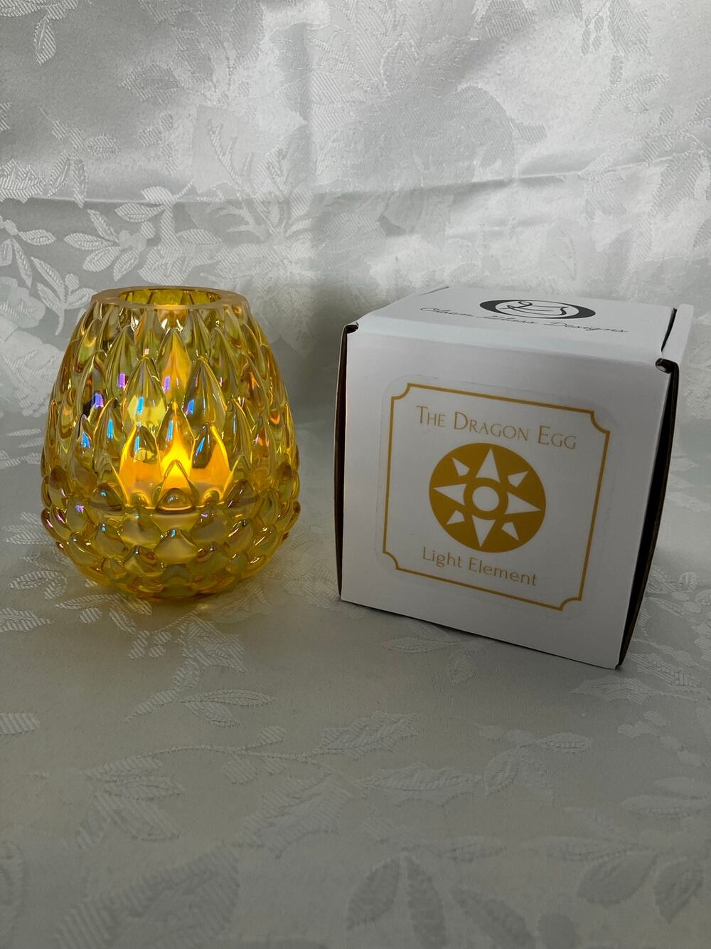 Olsen Glass Dragon Egg Fairy Lamp Light Element Yellow Iridescent NIB